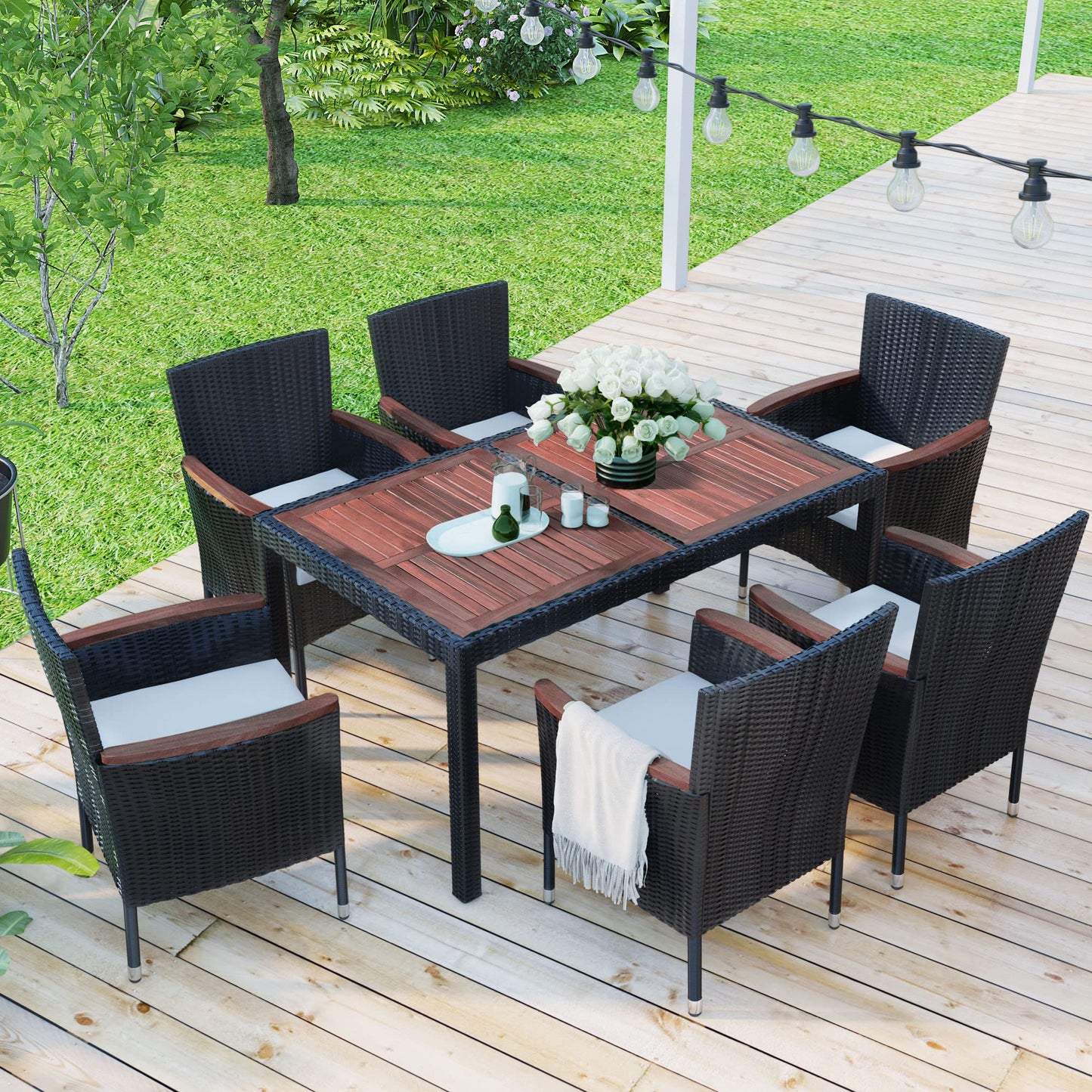 Brabrety 7-Piece Outdoor Patio Dining Set, Garden PE Rattan Wicker Dining Table and Chairs Set, Acacia Wood Tabletop, Stackable Armrest Chairs with Cushions (Reddish-Brown ~009)