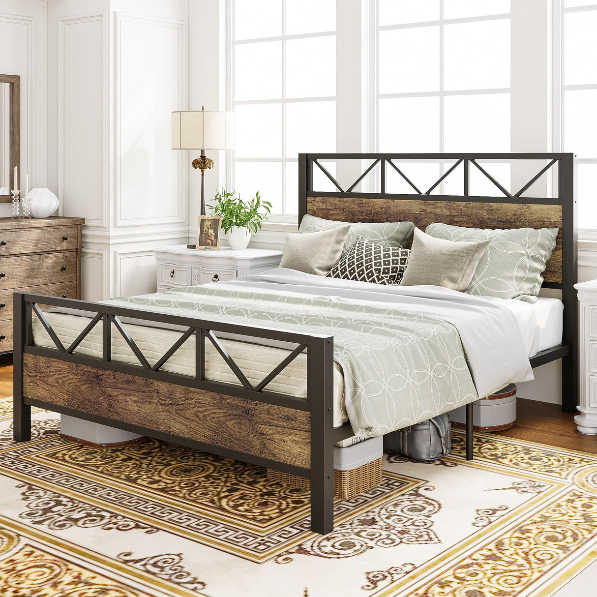 LIKIMIO Queen Bed Frame, Tall Industrial Headboard 51.2 ", Platform Bed Frame with Strong Metal Support, Solid and Stable, Noise Free, No Box Spring Needed, Easy Assembly, Vintage Brown, Rustic Maple LIKIMIO