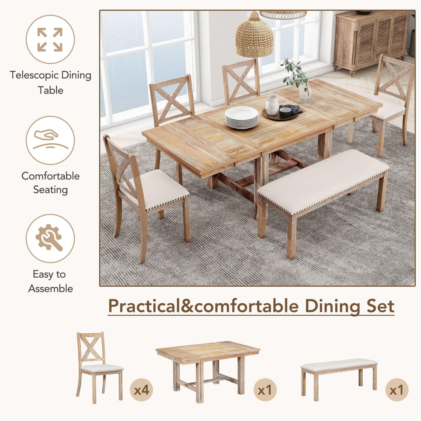 Lostcat 82 Inch Dining Table Set for 6, Extendable Dining Table with Footrest, 4 Upholstered Dining Chairs and Bench,Two 11" Removable Leaf, Kitchen Table Set for Living Room, Natural+Beige - WoodArtSupply