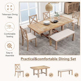 Linique 6-Piece Extendable Dining Table Set, Farmhouse Dining Table with Footrest, 2 Removable Leaf, 4 Upholstered Dining Chairs & 1 Bench, Natural+Beige Cushion Linique