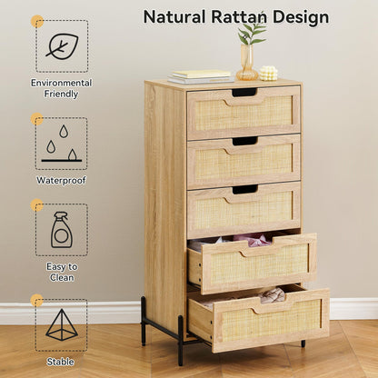 Rattan Tall Dresser for Bedroom, Wooden 5 Drawer Dresser with Ample Cloth Storage Space, Farmhouse Rattan Chest of Drawers, Vertical Metal Leg Dresser for Living Room, Easy Assemble, Oak - WoodArtSupply