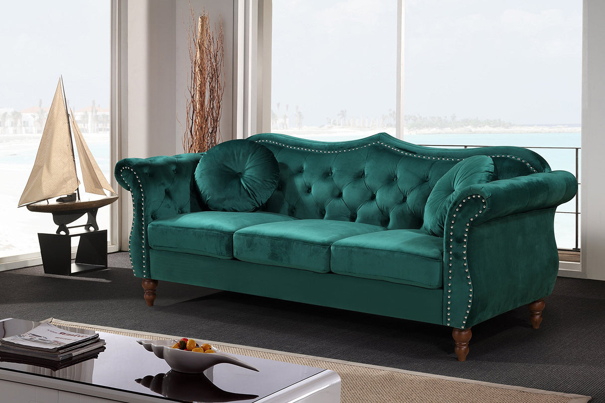 Container Furniture Direct Anna1 Chesterfield Velvet Couches for Living Room, Button Tufted Luxury Upholstery with Rolled Arms, High-Density Foam, Durable Wood Frame, 79.5" Sofa, Pine Green Container Furniture Direct