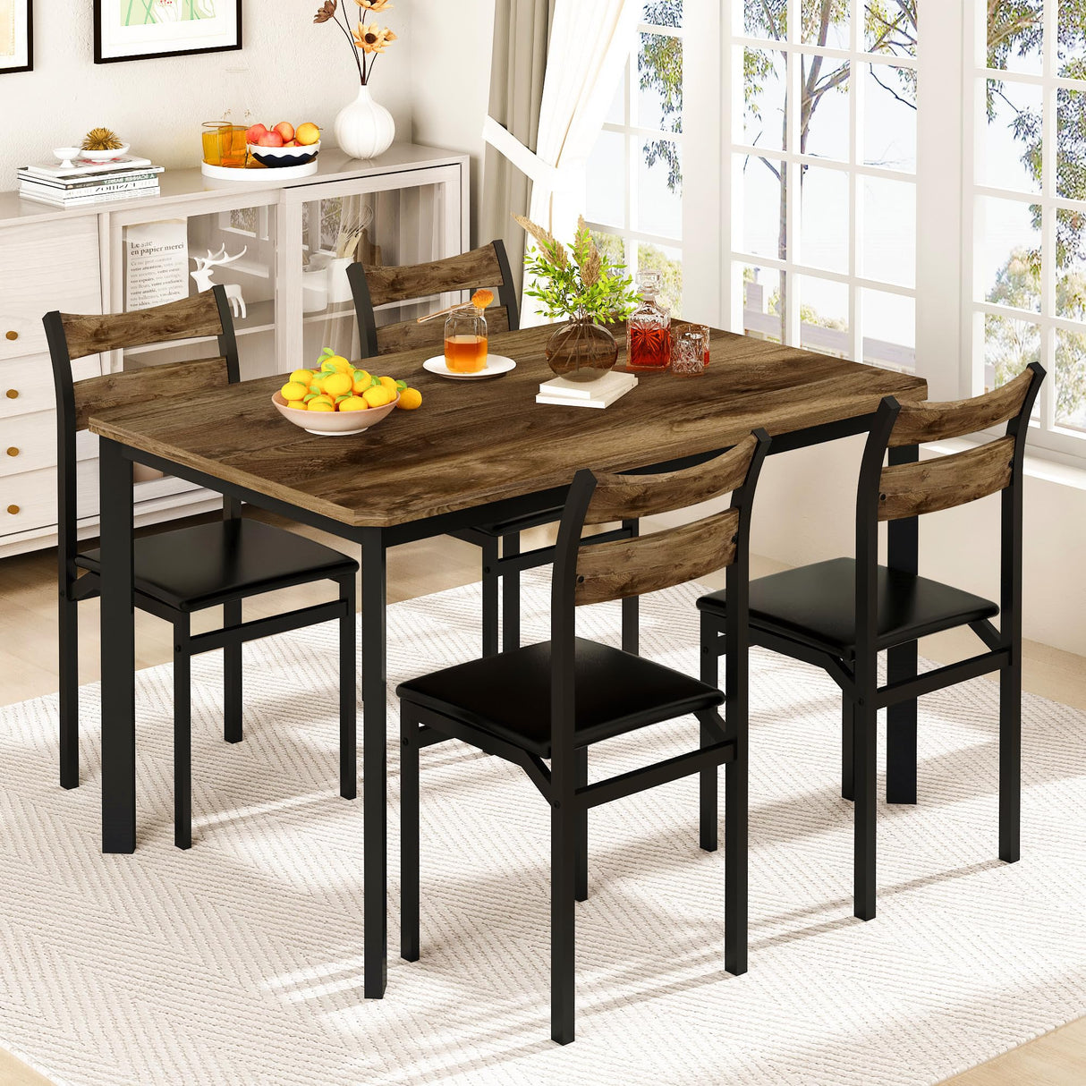 DKLGG Dining Table Set for 4, 43.3" Dining Room Table with 4 Upholstered PU Leather Chairs, Modern Wood Kitchen Table and Chairs Set, 5-Piece Dinette DKLGG