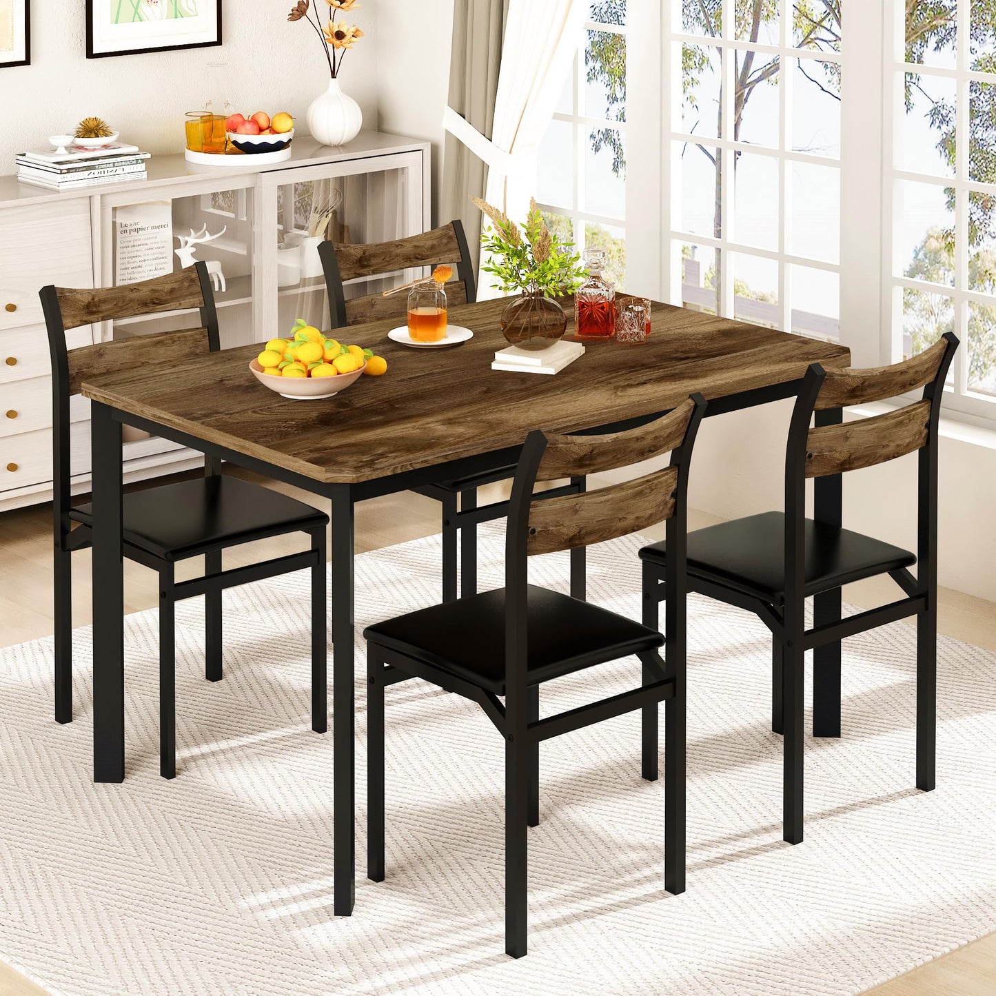 DKLGG Dining Table Set for 4, 43.3" Dining Room Table with 4 Upholstered PU Leather Chairs, Modern Wood Kitchen Table and Chairs Set, 5-Piece Dinette