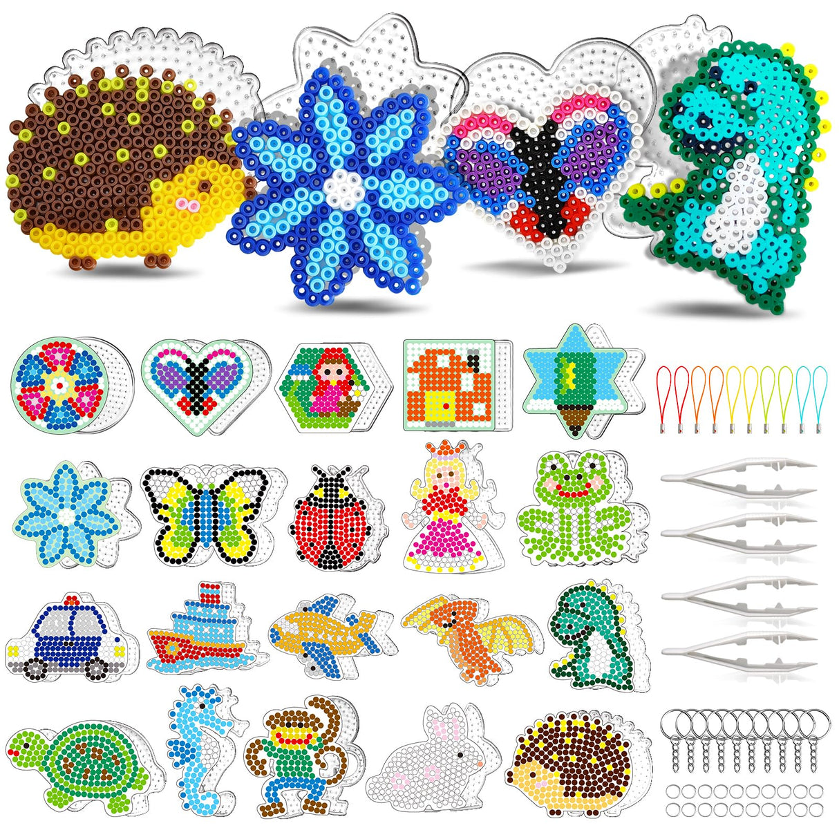 FUNZBO 20 pcs Pegboards for 5mm Fuse Beads Project- Animal Shape Pegboards for Arts and Crafts with Keychains, Hang Ropes and Beads Tweezers, Fuse Beads Gifts for Boys and Girls (Beads Not Included) FUNZBO