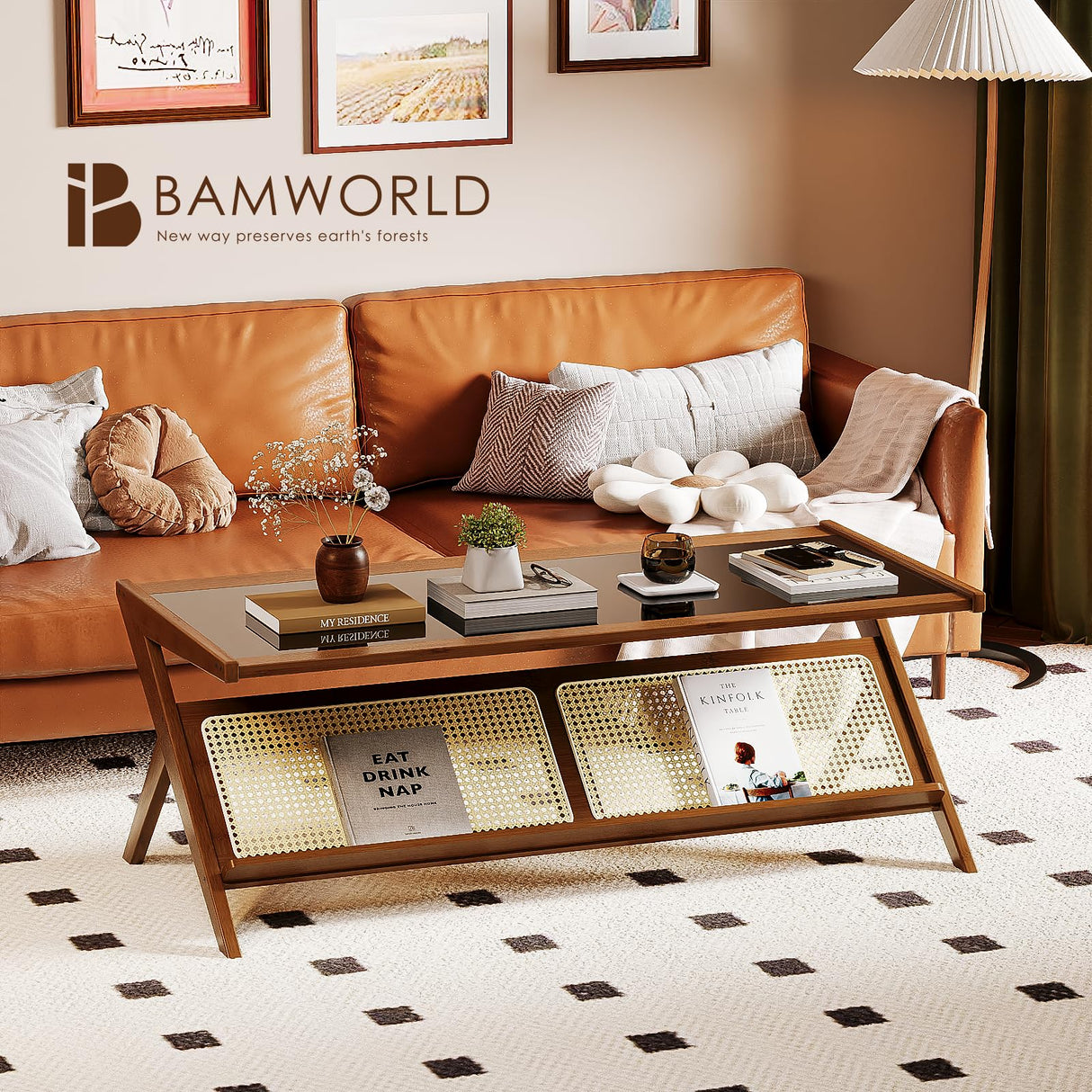 Bamworld Mid-Century Modern Coffee Table with Glass Top Rattan Center Table with Storage for Living Room Table Brown Bamworld