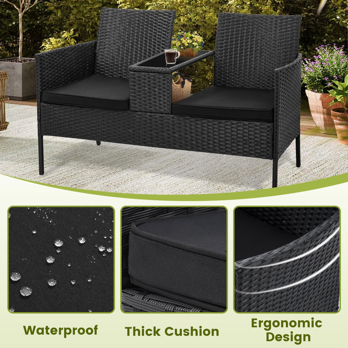 Kromax Wicker 2 Seat Patio Loveseat, Outdoor Rattan Loveseat with Table, Washable Cushion Covers, Backyard, Garden, Lawn, Black Rattan with Black Cushion Kromax