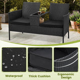 Kromax Wicker 2 Seat Patio Loveseat, Outdoor Rattan Loveseat with Table, Washable Cushion Covers, Backyard, Garden, Lawn, Black Rattan with Black Cushion Kromax