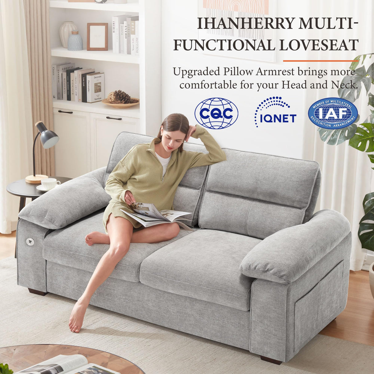 Ihanherry 71.5 Inch Loveseat Pillow-Armrest Sofa with USB/Type-C Charging Port, Modern 2-Seats Sofa for Living Room & Bedroom, Removable Medium Firm Cushion, Breathable Chenille Fabric, Grey Ihanherry