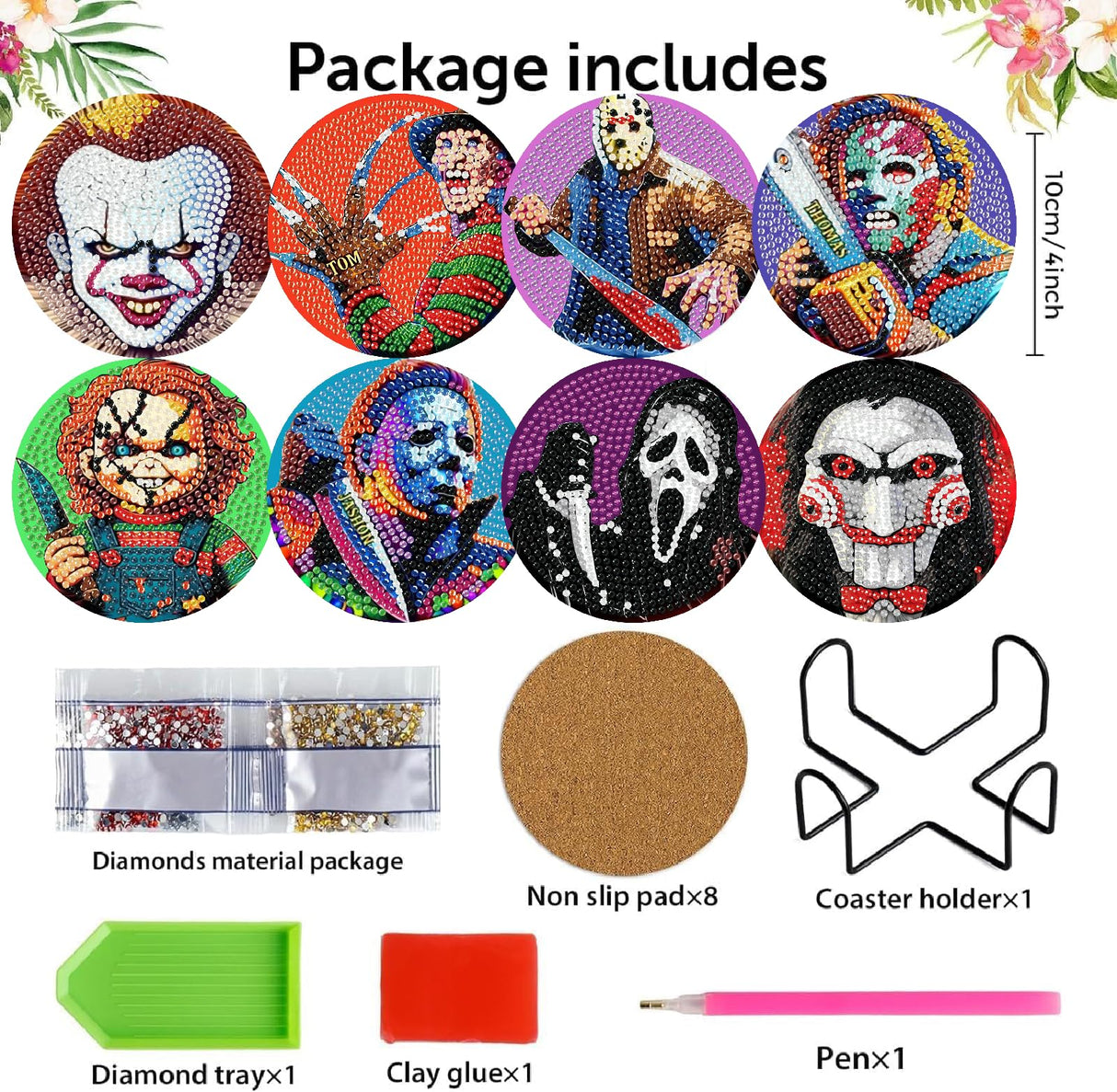 NEGEKFKX 8 Pcs Halloween Diamond Art Painting Coasters Kits,Horror Coaster with Holder for Adults, Non-Slip DIY Dot Paint Craft Kits,5D Full Drill DIY Diamond Dot Gem Art Kit Home Decor Arts Craft NEGEKFKX