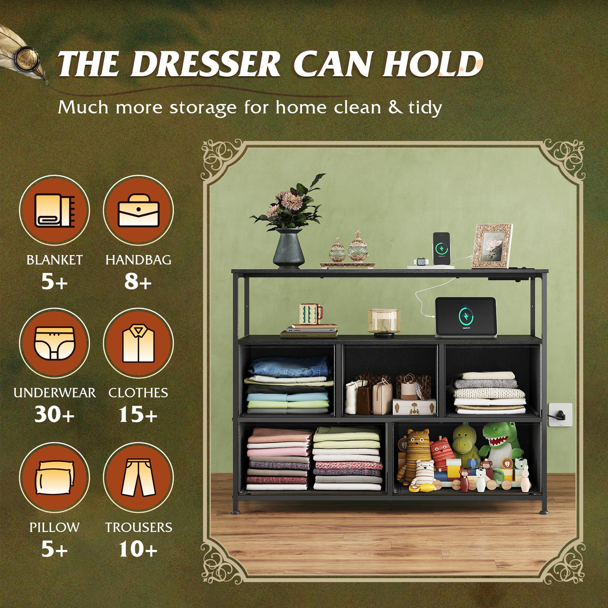 WLIVE Dresser for Bedroom, 5 Drawer Dressers with Charging Station, Fabric Chest of Drawers with Open Shelves, Storage Dresser for Living Room, Closet, Entryway, Charcoal Black Wood Grain Printt WLIVE