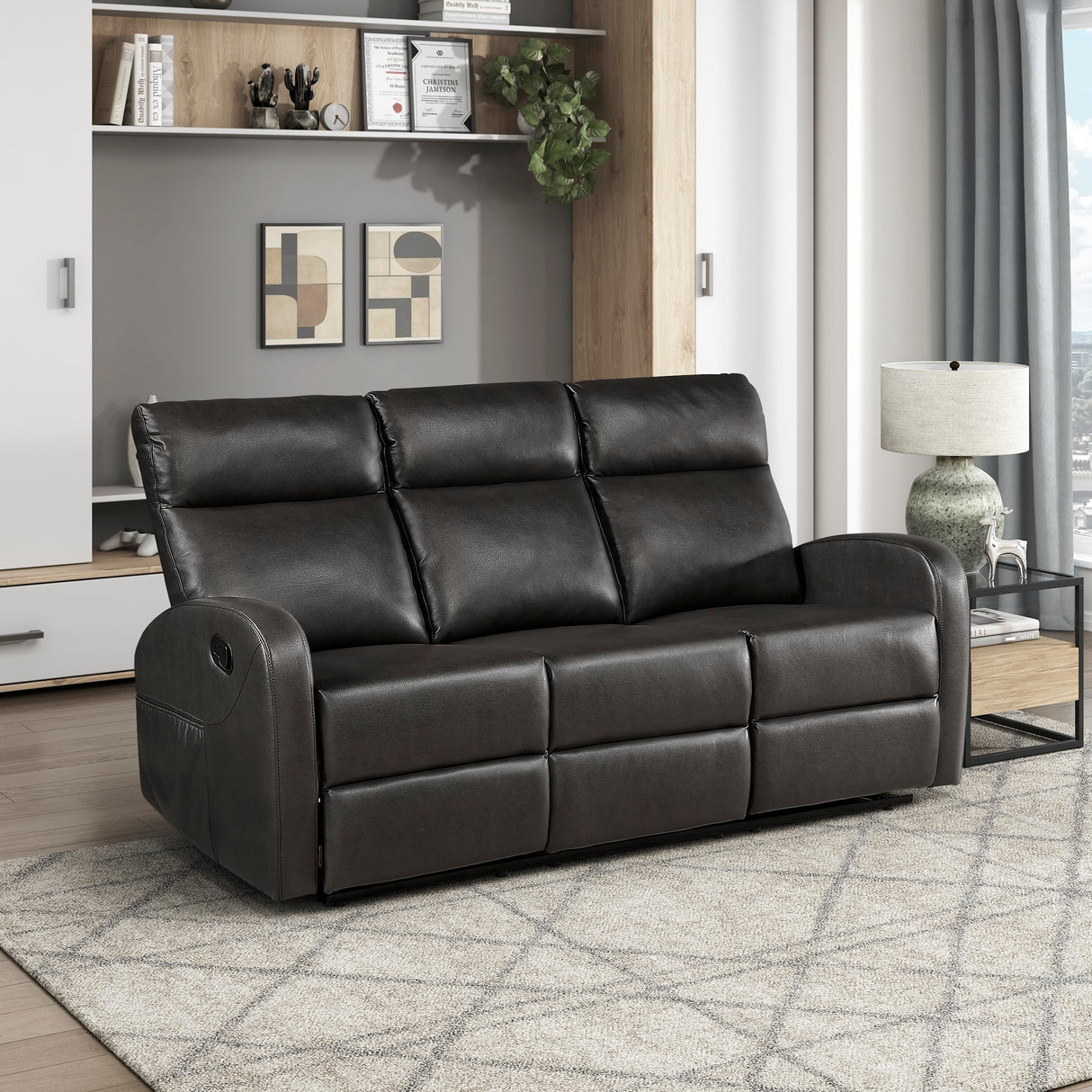 Lexicon Manual Reclining Sofa, Faux Leather Recliner Sofa, Wall Hugger, Track Arms, Magazine Pockets, Manual Dual Recliners Couch for Living Room/Office/Apartment, Easy Assembly, Espresso Lexicon