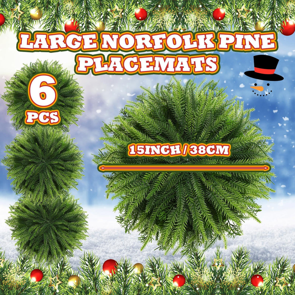 Teenyyou 6 Pcs Christmas Placemats Set 15 Inch Large Norfolk Pine Placemats Round Greenery Place Mats Artificial Xmas Washable Winter Table Decoration for Holiday Party Dining (Norfolk Pine, Green) Teenyyou
