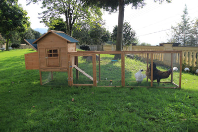 Outdoor Chicken Coop Wooden Hen House Poultry Pet Hutch Run Cage w/Waterproof Asphalt Roof, Ramp, Nesting Box, Wire Fence (120")