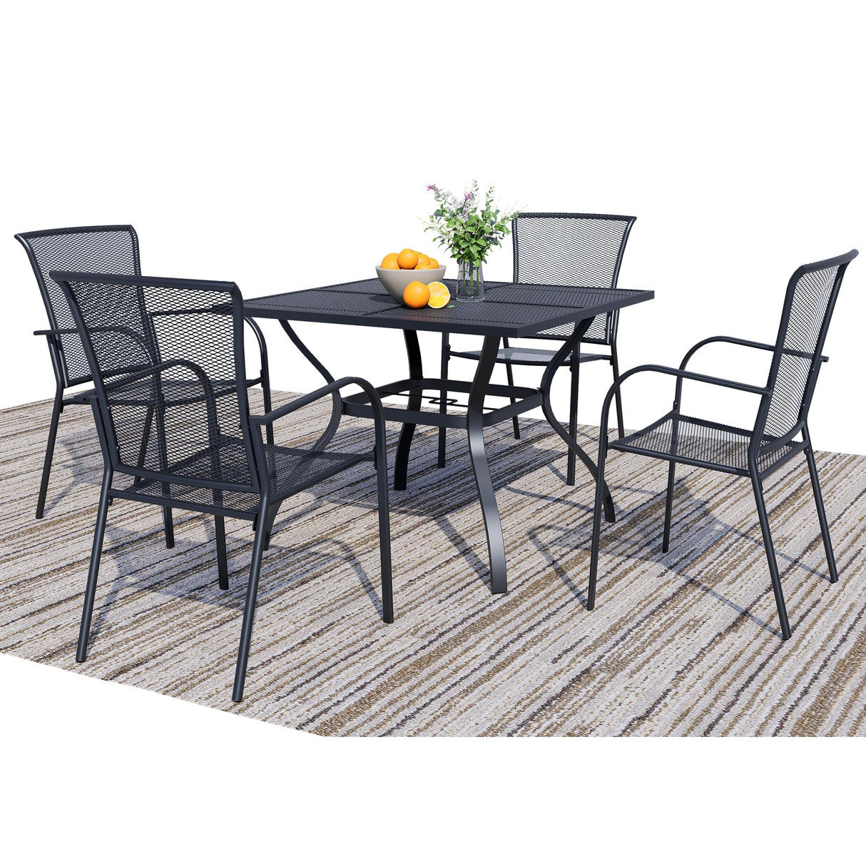 Stabrech 5 Piece Outdoor Dining Set, Patio Table and Chairs Set of 4, 37.5" Black Square Patio Table with 4 Metal Stackable Patio Chairs for Lawn, Garden, Porch Stabrech