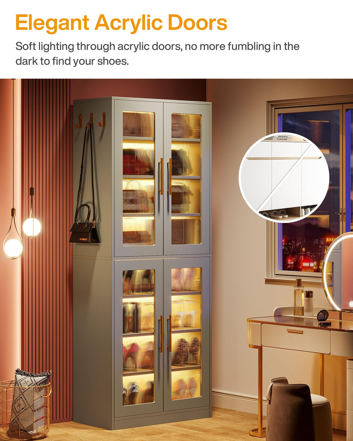 Tribesigns Tall Shoe Cabinet with Acrylic Doors and LED Lights, 8-Tier Entryway Shoe Organizer Storage Rack with Adjustable Shelves and Hanging Hooks for Narrow Closet, Hallway, Living Room, Gray Tribesigns