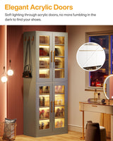 Tribesigns Tall Shoe Cabinet with Acrylic Doors and LED Lights, 8-Tier Entryway Shoe Organizer Storage Rack with Adjustable Shelves and Hanging Hooks for Narrow Closet, Hallway, Living Room, Gray Tribesigns