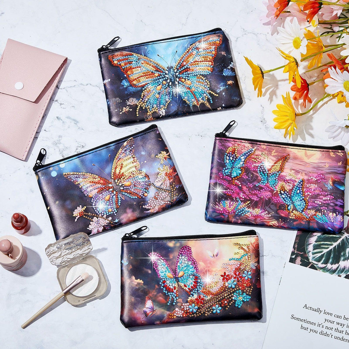 Silkfly 4 Pcs Diamond Painting Art Makeup Bags DIY Purses Toiletry 5d Handmade Double Design Diamond Painting Cosmetic Bags Bulk with Zipper Rhinestone Accessories for Women(Butterfly) Silkfly