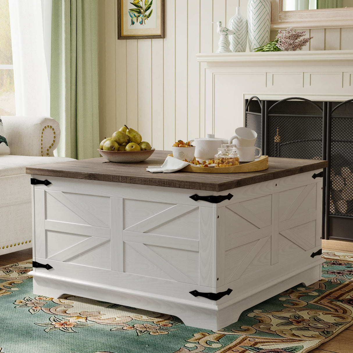 Farmhouse Coffee Table, Heavy-Duty Coffee Table with Storage, Square Wood Center Table Set for Living Room with Pull Up Large Hidden Storage Compartment, Maple White senlin