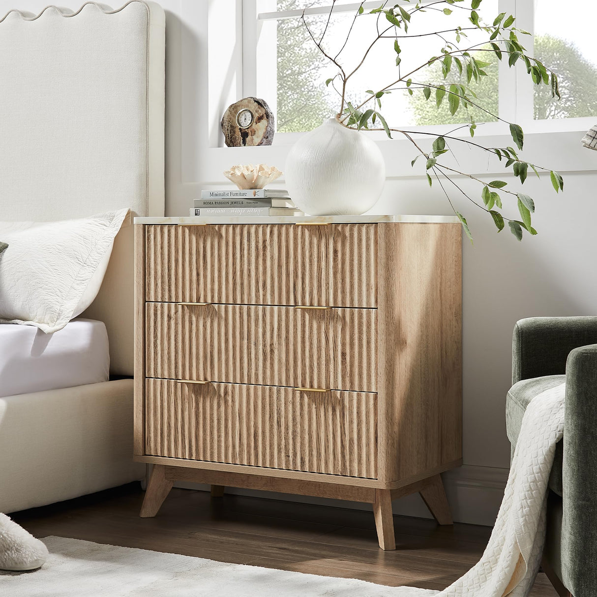 T4TREAM 32" Tall Fluted Nightstand Set of 2, Modern Side Table with Faux Marble Top, 3 Drawers End Table w/Storage, Bedside Table for Bedroom, Living Room, Curved Profile Design, Natural Oak T4TREAM