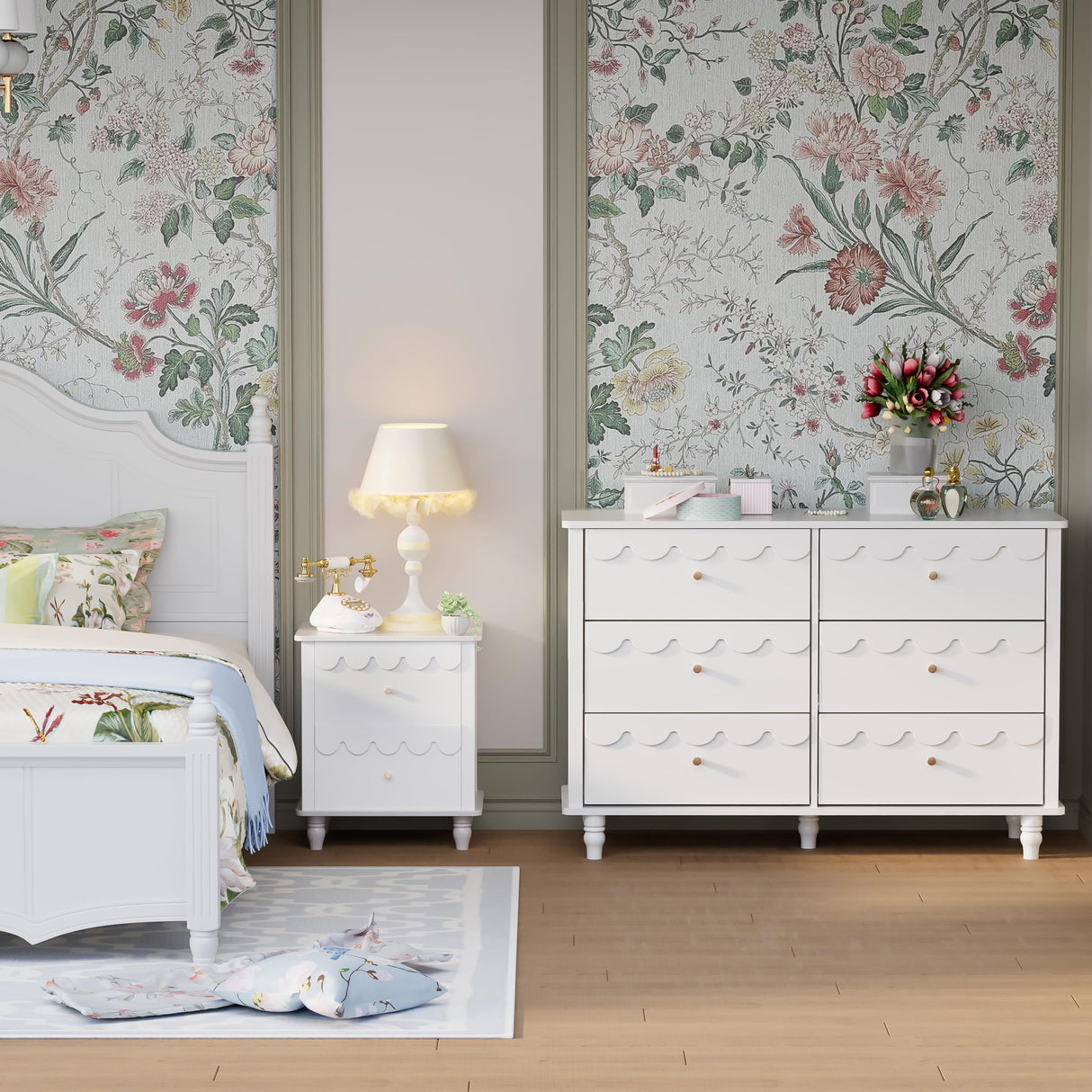 Anbuy 3 Pcs Bedroom Sets, Scalloped 6 Drawer Dresser and Night Stand Sets for Bedroom, Two Drawers Nightstand Set of 2 & 6 Drawer Dresser Combo 3 Pieces (White)