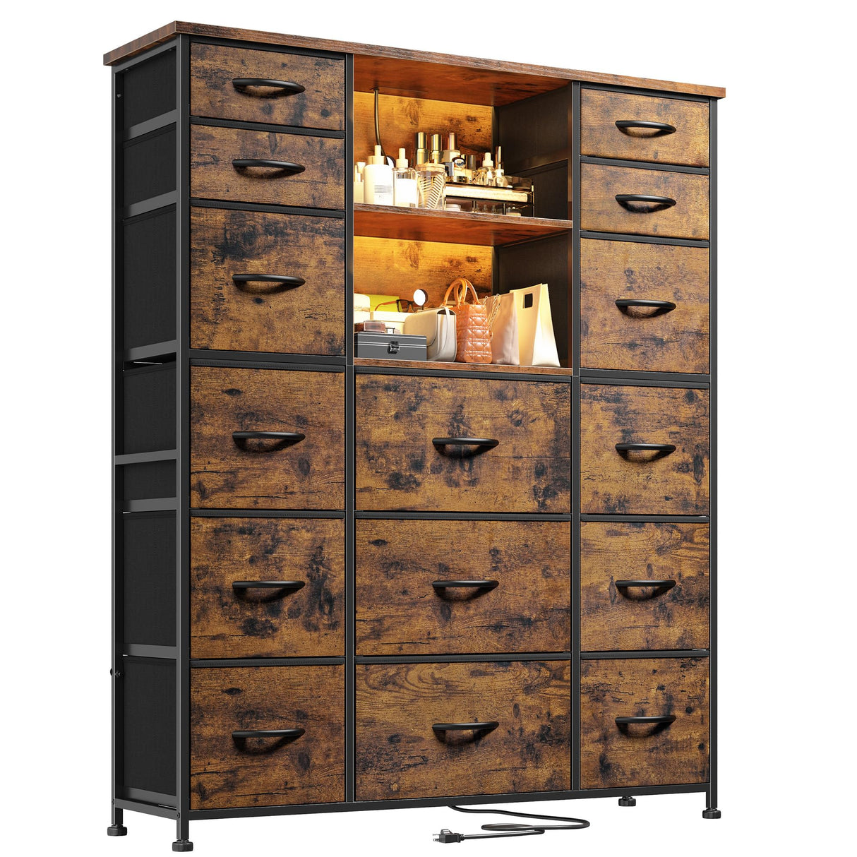 EnHomee 15 Drawer Dresser for Bedroom with Hutch 51" H Tall Dressers with Charging Station & LED Lights Sturdy Fabric Bedroom Dresser,Steel Frame, Wood Top, Rustic Brown, 51.2" H x 39.3" W x 11.8" D EnHomee