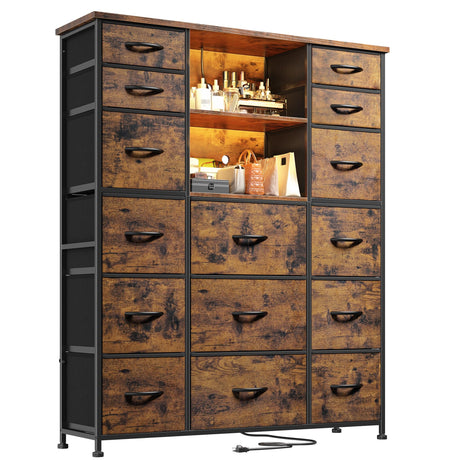 EnHomee 15 Drawer Dresser for Bedroom with Hutch 51" H Tall Dressers with Charging Station & LED Lights Sturdy Fabric Bedroom Dresser,Steel Frame, Wood Top, Rustic Brown, 51.2" H x 39.3" W x 11.8" D EnHomee
