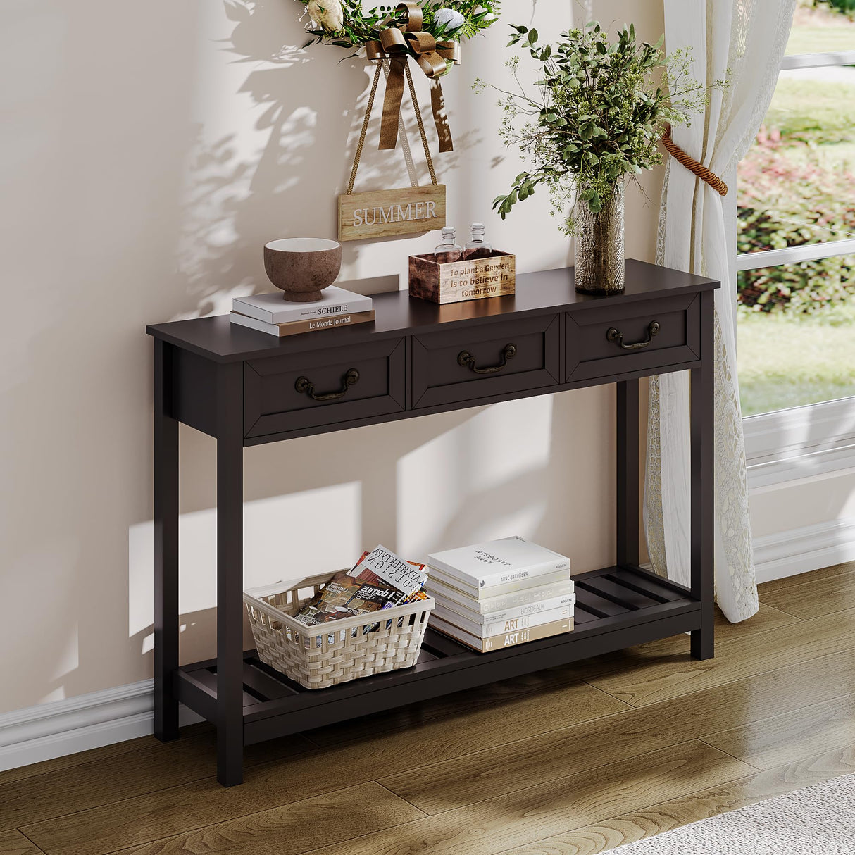 ChooChoo Console Table with 3 Drawers, Rustic Entryway Table, Narrow Long Sofa Table for Living Room, Hallway, Behind Couch, Black ChooChoo