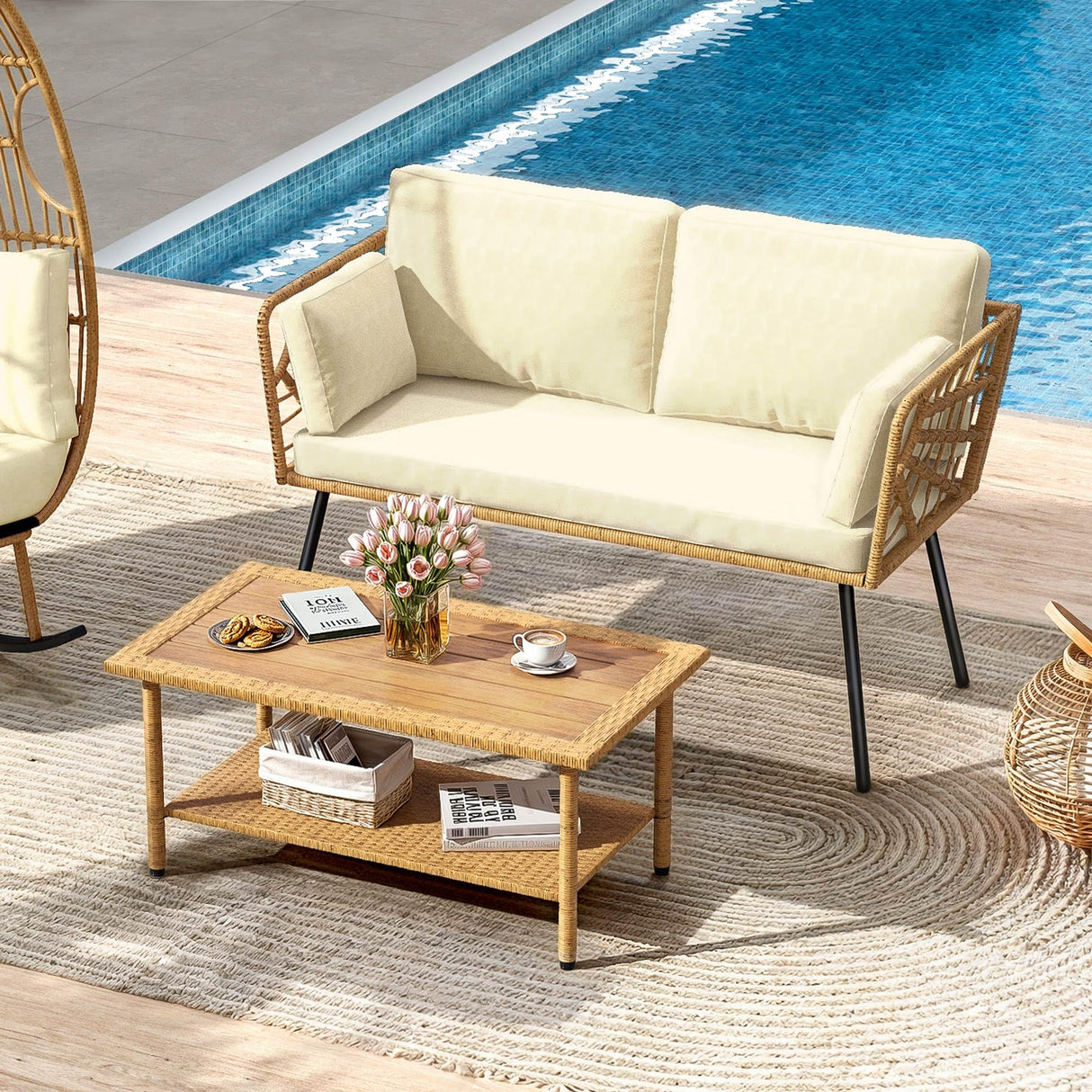 DWVO 2 Pieces Patio Furniture Set, All-Weather Wicker Rattan Loveseat with Thick Cushions & Table, Outdoor Conversation Set for Patio, Balcony, Backyard, Deck, Poolside DWVO