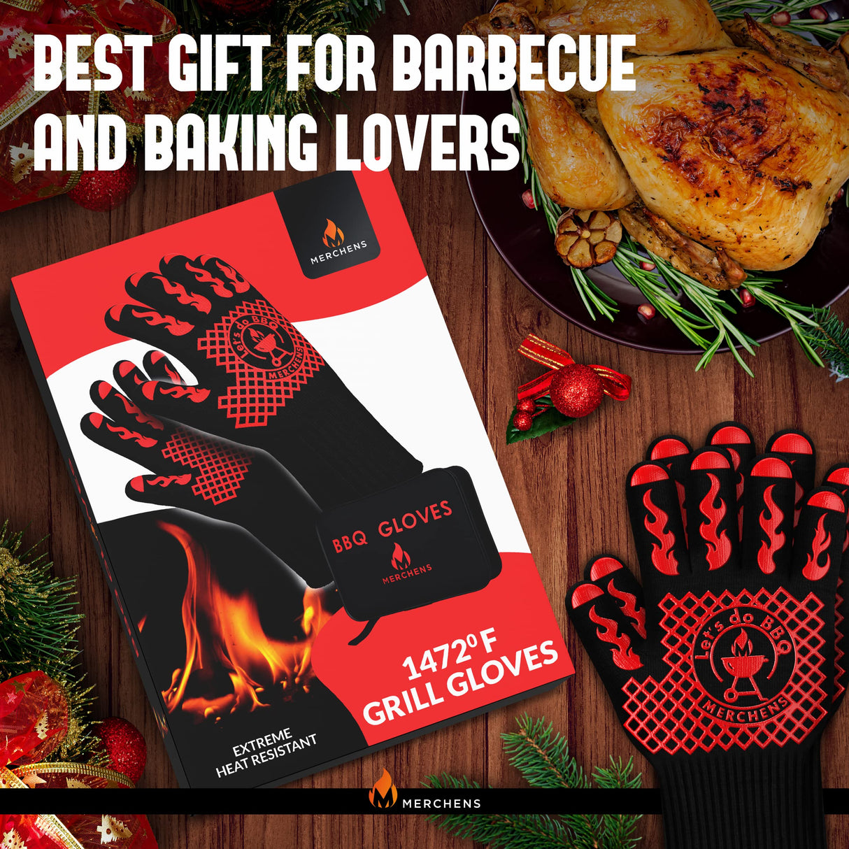 Pro-Series BBQ Gloves - Heat Resistant Grill, Grilling, and Oven Gloves for Culinary Experts - Extreme Fireproof Protection, Silicone Grip, Extra Long Mitts - Indoor & Outdoor - with Protective case M MERCHENS
