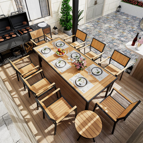 Pamapic 10-Piece Outdoor Dining Set, Patio Aluminum Furniture with Plastic-Wood Table Top & 8 Stackable Chairs, Outdoor Furniture Set for Patio Garden Poolside (Teak) Pamapic
