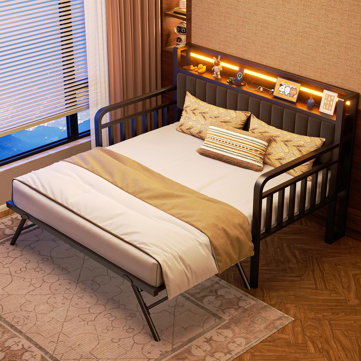 Daybed with Trundle and LED Light, Heavy Duty Metal Twin Bed Frame with Upholstered Storage Headboard & Charging Station, Day Bed Pop Up Trundle Bed Twin for Living Room,Bedroom and Guest Room, Brown Jocoevol