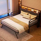 Daybed with Trundle and LED Light, Heavy Duty Metal Twin Bed Frame with Upholstered Storage Headboard & Charging Station, Day Bed Pop Up Trundle Bed Twin for Living Room,Bedroom and Guest Room, Brown Jocoevol