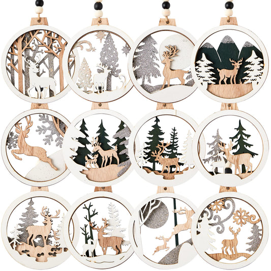 Joiedomi 12 Pcs Wooden Hanging Ornaments Christmas Reindeer Wooden Ornaments for Indoor/Outdoor Holidays, Party Decoration, Tree Ornaments, Events, and Christmas