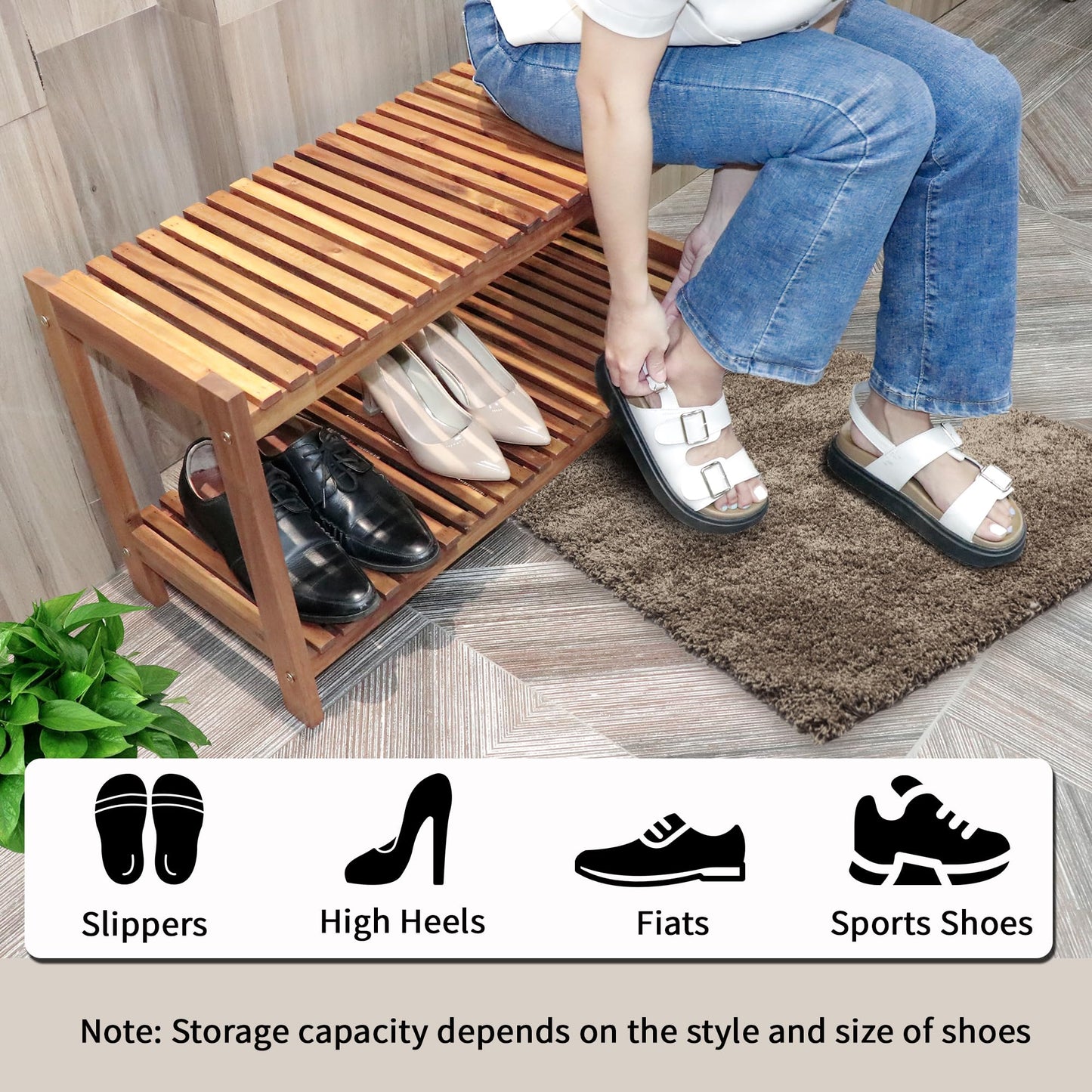 VICTORY RELAX 2-Tier Long Acacia Wood Shoe Rack, Wide Natural Shoe Storage Shelf for Entryway, Stackable Wooden Plant Stand Organizer for Closet, Bedroom, Kitchen, Indoor and Outdoor