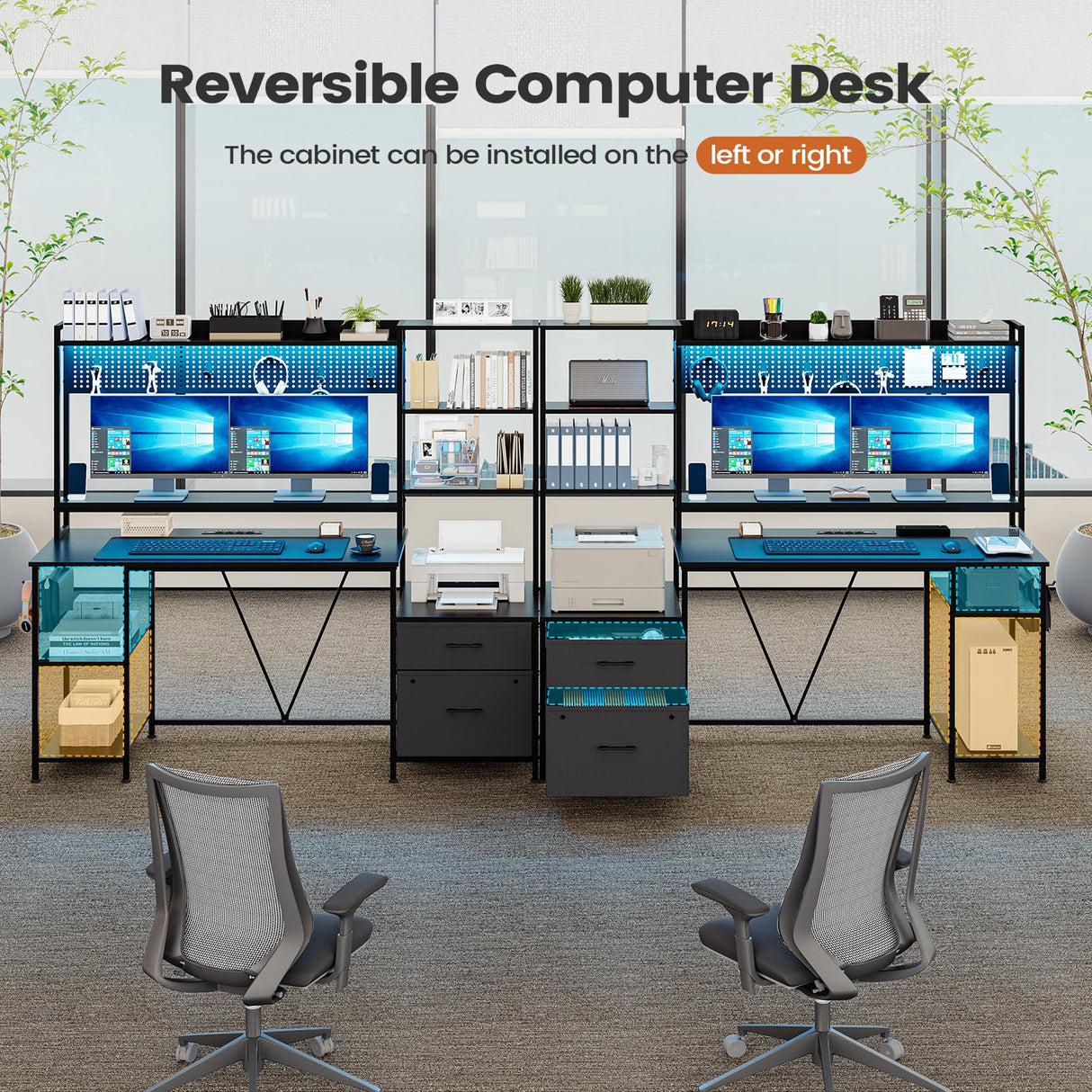 UPOSOJA Gaming Desk with Hutch, 65in Reversible Computer Desk with Power Outlets LED Light, Home Office Desk with Monitor Stand 2 Drawers 4 Storage Shelves Pegboard 8 Hooks Mouse Pad (Black) UPOSOJA