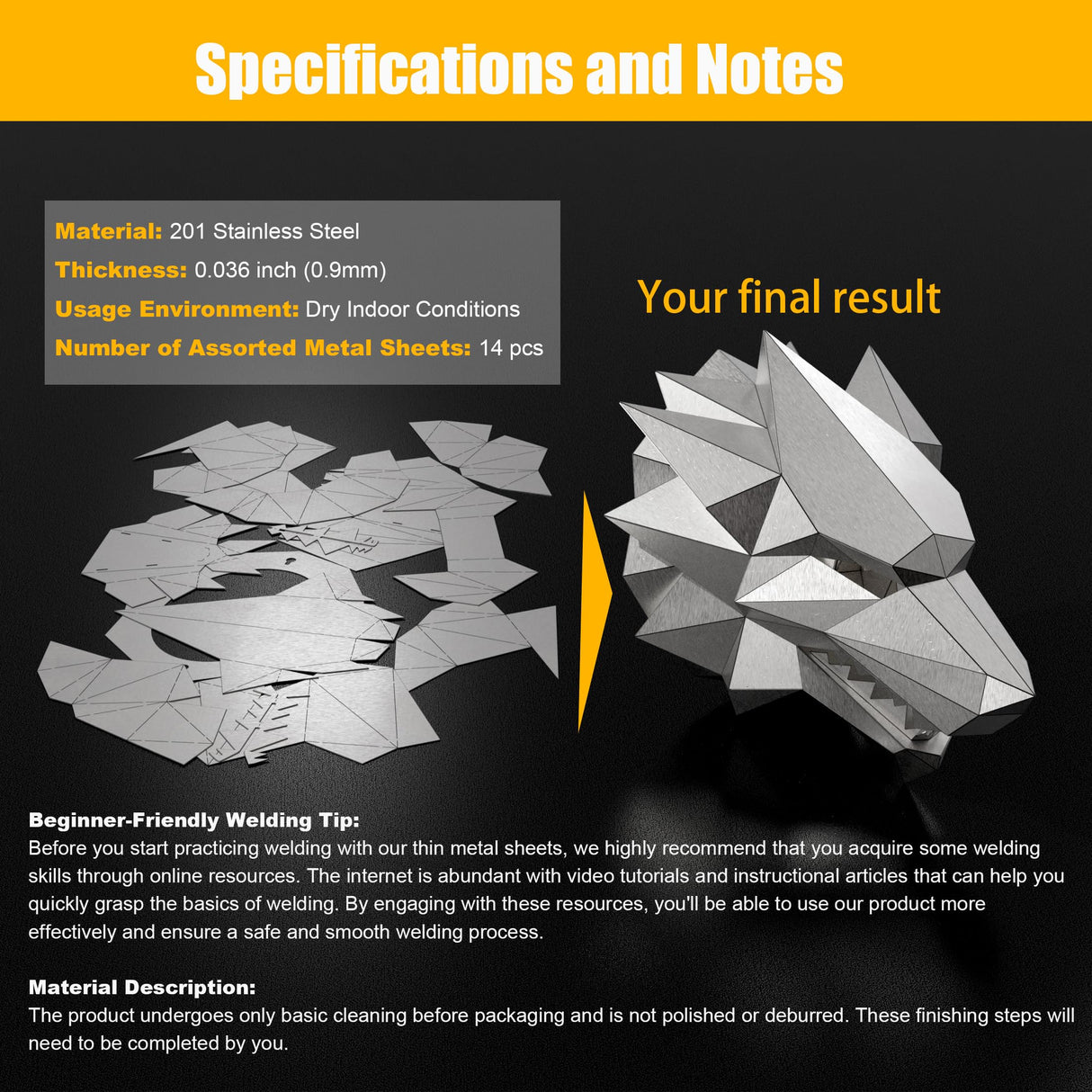 SONNLER Dire Wolf Head Welding kit For Beginners Practice,201 stainless steel Welding Coupons,Laser Cut Welding Training Metal Suitable For TIG, MIG, Gas, Arc, Stick, DIY Welding Practice Kit (14 pcs) SONNLER
