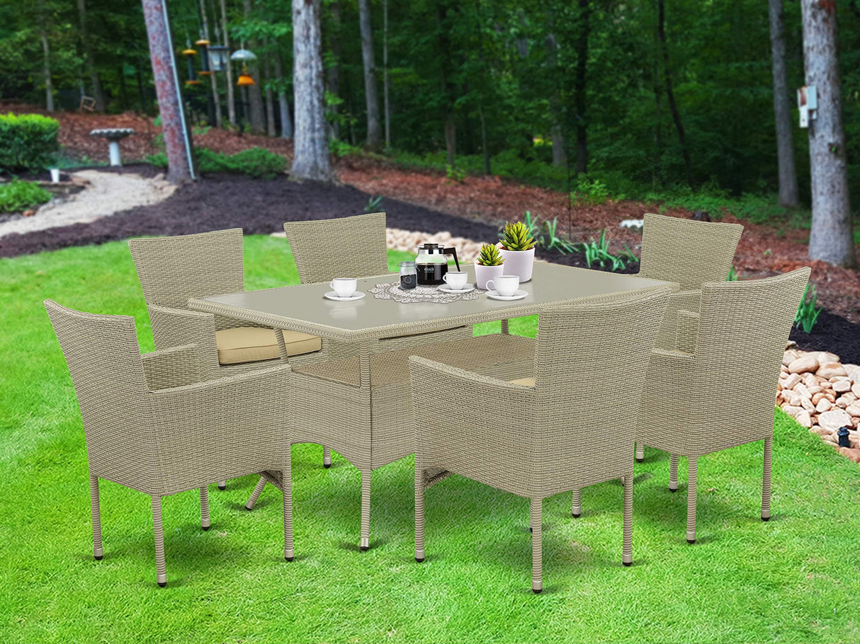 East West Furniture OSBK7-03A Oslo 7 Piece Patio Furniture Wicker Outdoor Set Includes a Rectangle Dining Table with Glass Top and 6 Backyard Armchair with Cushion, 36x60 Inch East West Furniture