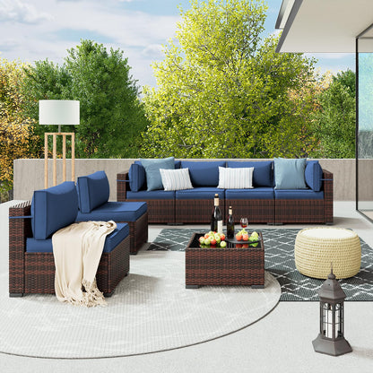 Amopatio Patio Furniture Set 7 Pieces Patio Conversation Set Outdoor Sectional Wicker Rattan Sofa with All-Weather Cover, Patio Furniture with Pillows Fits Porch Garden Backyard Balcony (Navy - WoodArtSupply