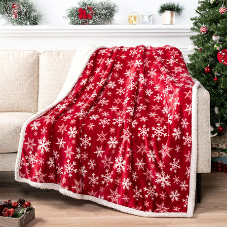 PAVILIA Premium Christmas Sherpa Throw Blanket | Red Snowflake Decoration, Fleece, Plush, Warm, Cozy Reversible Microfiber Holiday Blanket 50 x 60 PAVILIA