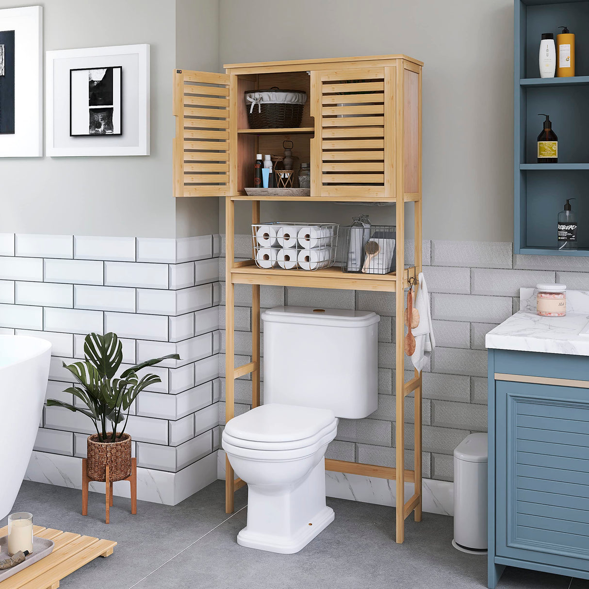 SMIBUY Bathroom Over The Toilet Storage Cabinet, 2 Door Bamboo Cabinet Organizer, Freestanding Space Saver Toilet Rack with Adjustable Inside Shelf and Open Shelf (Natural) SMIBUY