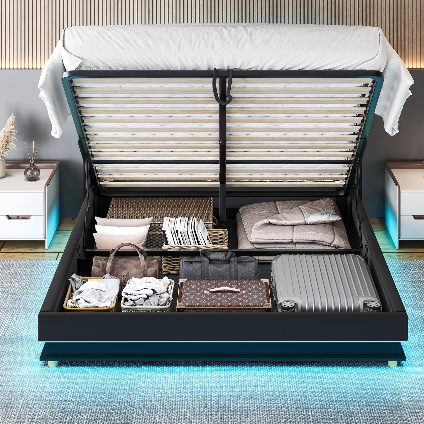 Ailisite Full Size Hydraulic Lift Storage Bed Frame with USB Charging Station & LED Lights in Black - WoodArtSupply