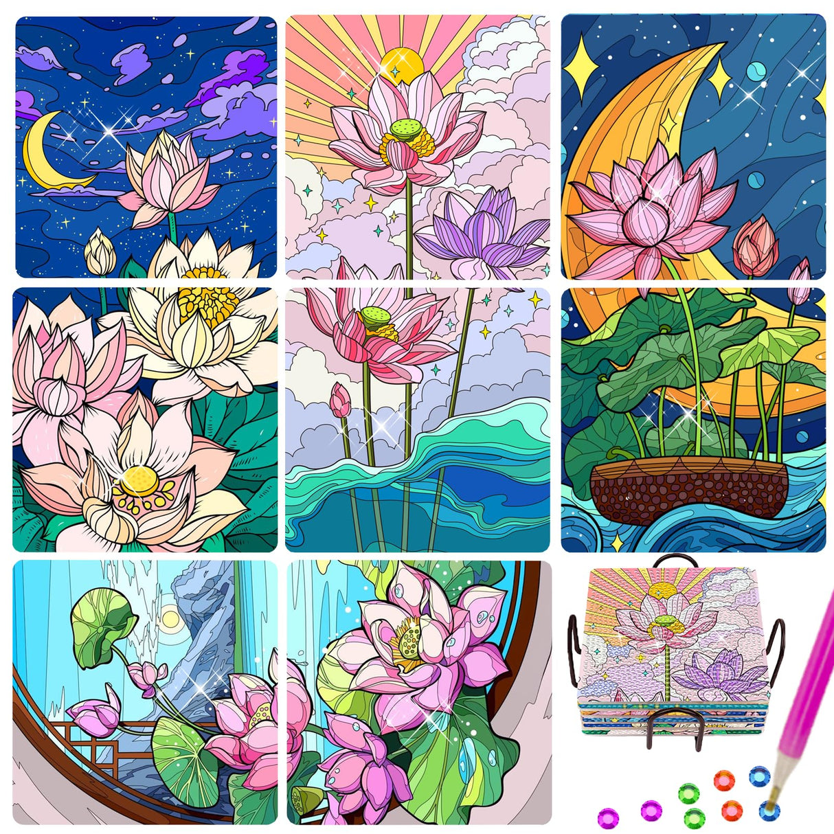 TDOOW Diamond Painting Coasters Kits, 8 Pcs Diamond Art Coasters with Holder, Crafts Kits for DIY Coasters, Diamond Art Kits for Adults-Square Lotus Pattern TDOOW