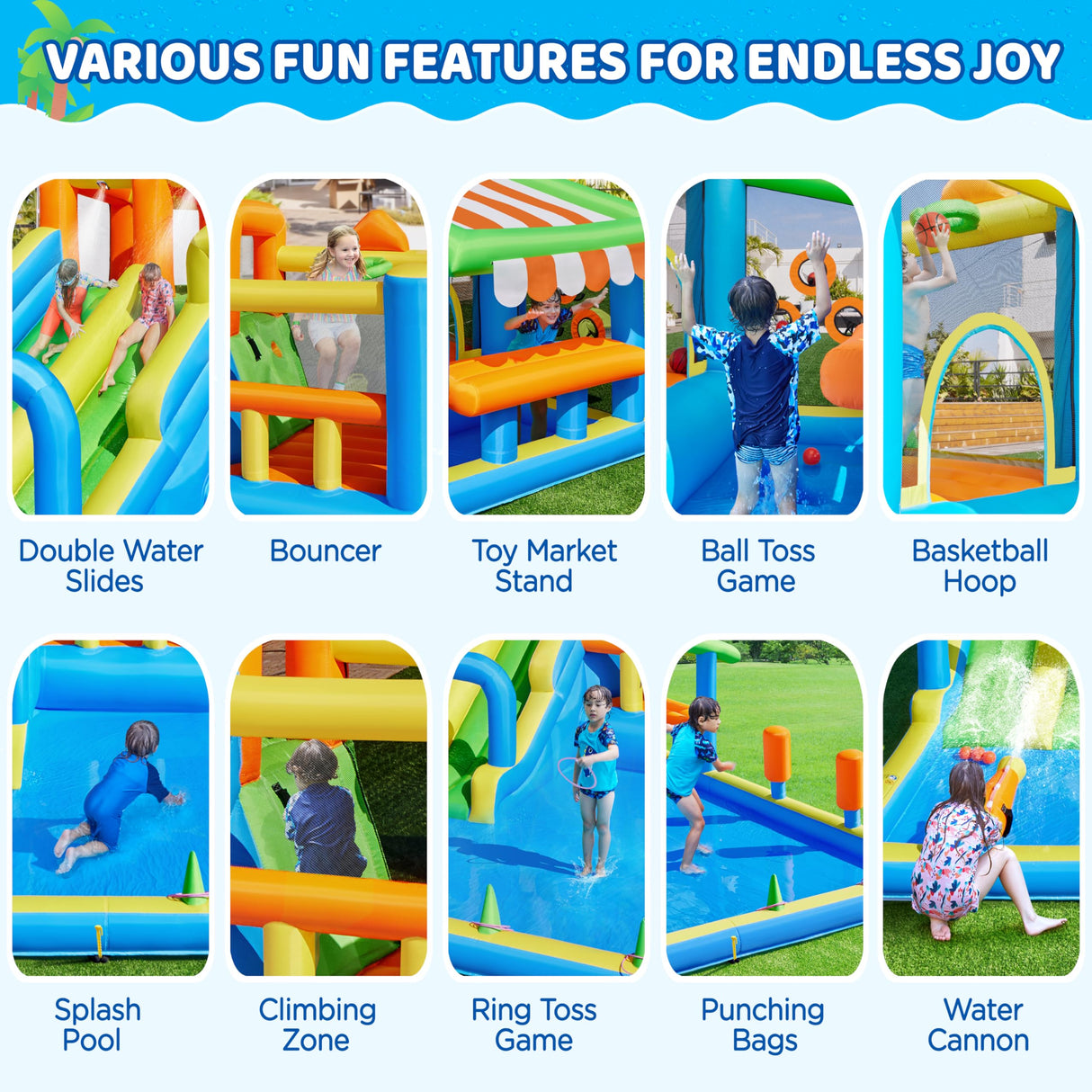 Yaheetech Inflatable Water Slide with Market Stand, Bounce House for Kids Aged 3-8 with 2 Slides for Outdoor Backyard, Splash Pool, Climbing Wall, 750W Air Blower, Ring and Ball Toss Games Yaheetech