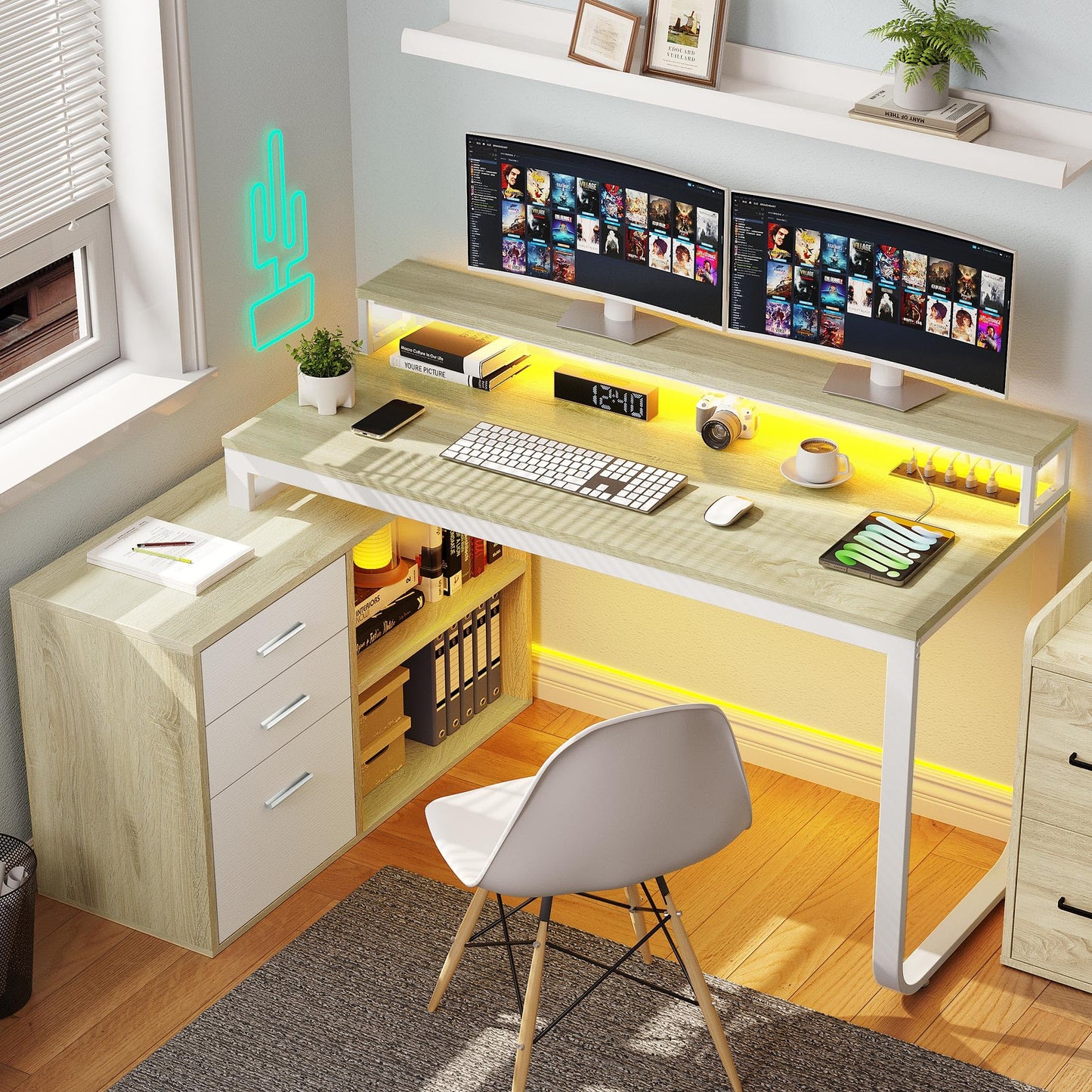 YITAHOME L Shaped Desk with Drawers, 55" Corner Computer Desk with Power Outlets, L-Shaped Desk with LED Lights & File Cabinet for Home Office, White & Oak - WoodArtSupply