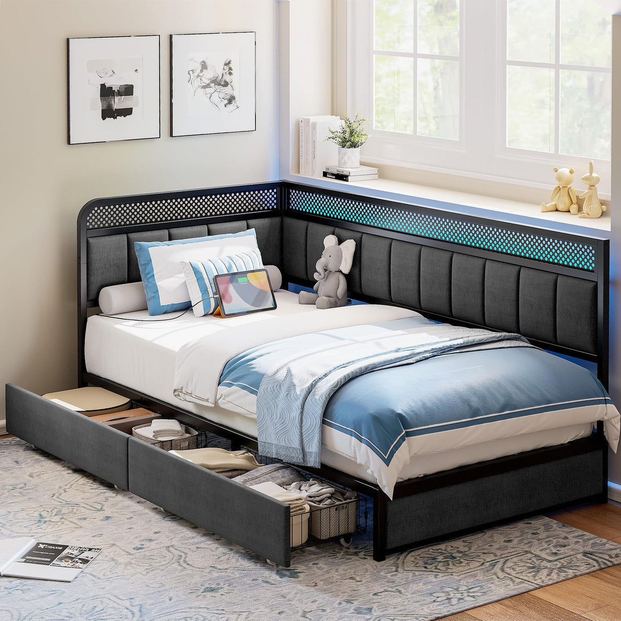 LIKIMIO Twin Corner Bed Frame with Storage Drawers and Charging Station, Modern Twin Daybed with LED Lights and Upholstered Guardrail, Gray LIKIMIO