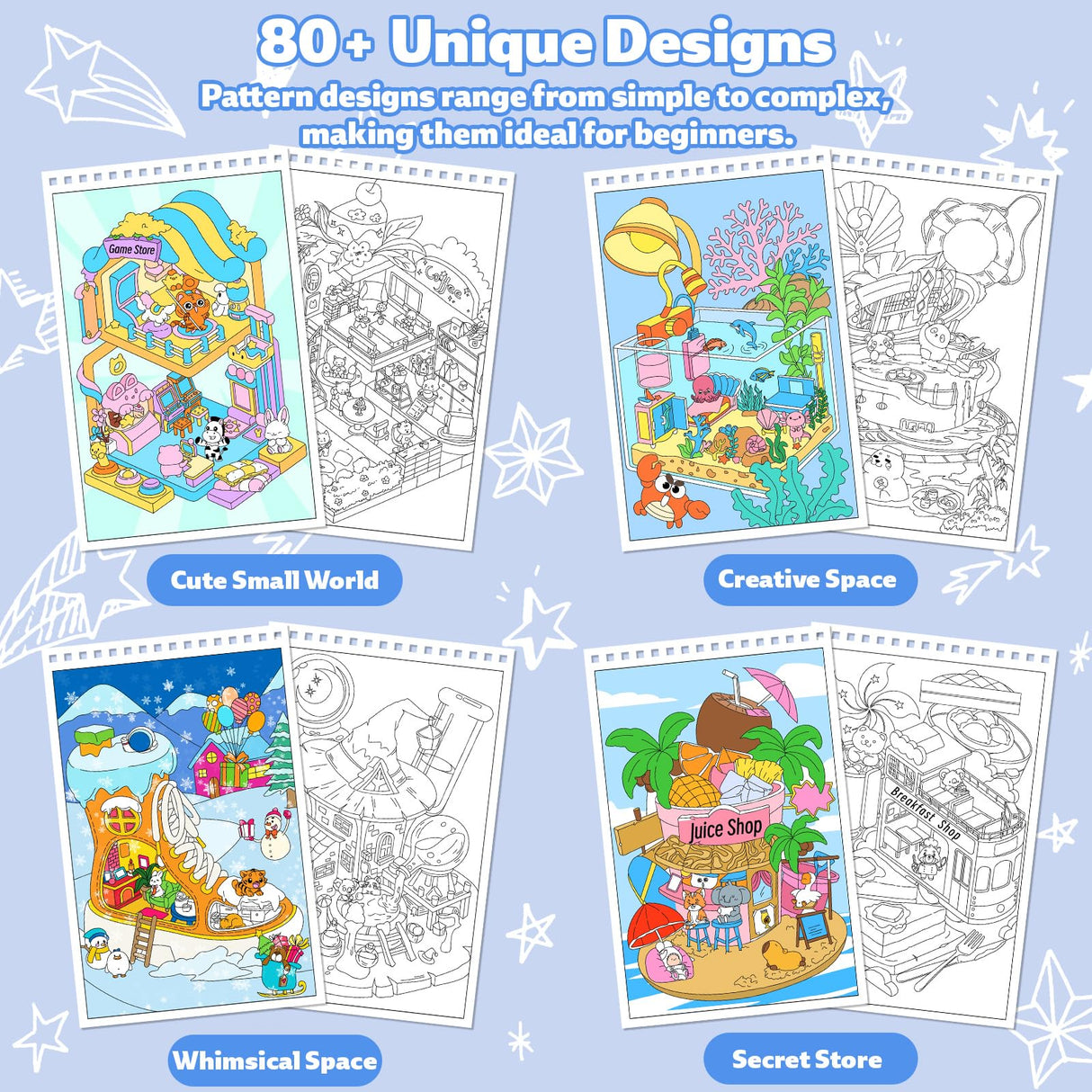 Elfew 4 Set Coloring Books for Teens & Kids 8-12, Stress Relieving & Therapeutic Coloring Book with 80 Cute Patterns, Anxiety Relief & Relaxation for Teens Adult Women