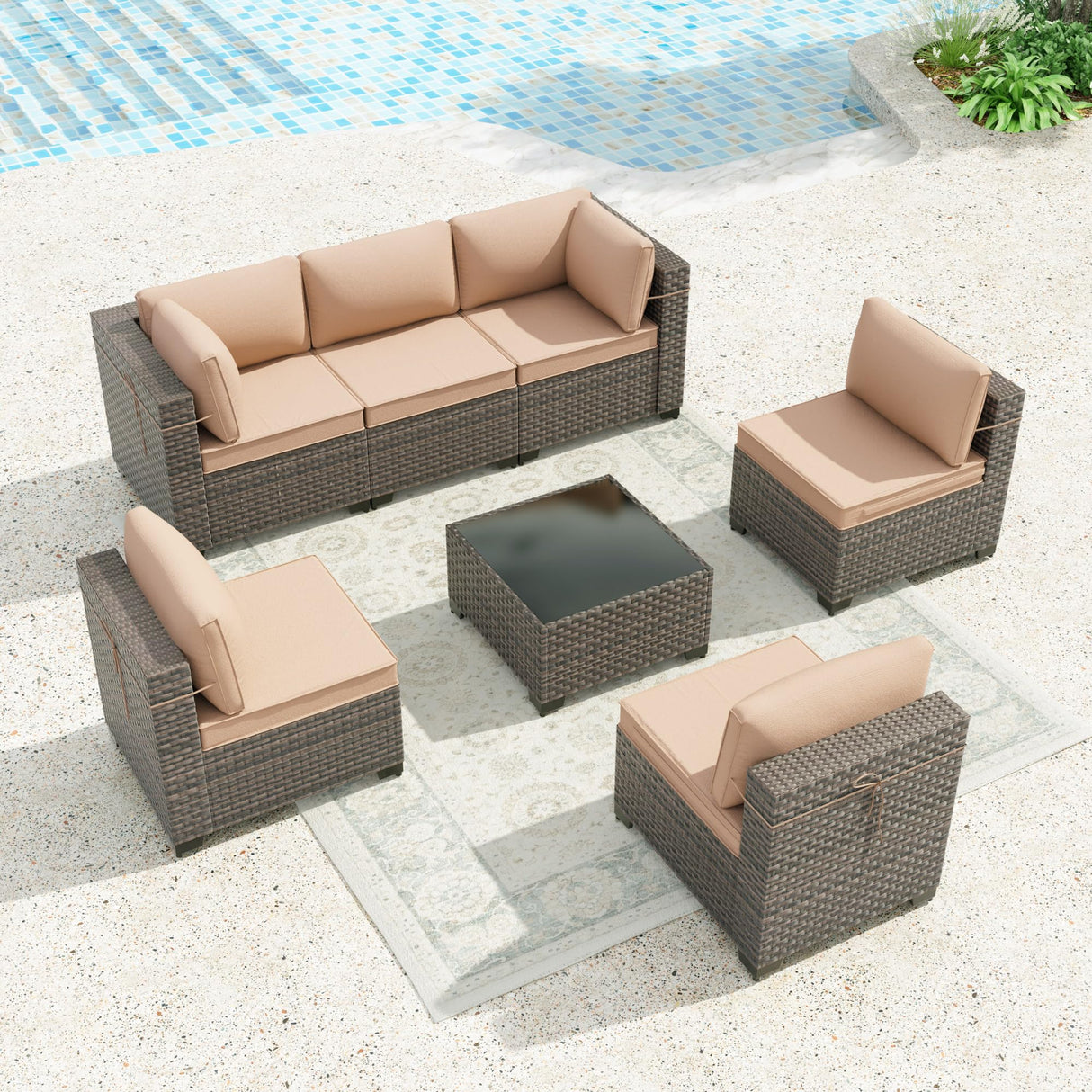 Halmuz 7 Piece Patio Furniture Set Outdoor Conversation Sofa Set, High Back Wide PE Rattan Wicker Sectional Furniture Patio Sofa w/Tempered Glass Top Table&Thickened Cushions(Sand) Halmuz