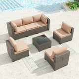 Halmuz 7 Piece Patio Furniture Set Outdoor Conversation Sofa Set, High Back Wide PE Rattan Wicker Sectional Furniture Patio Sofa w/Tempered Glass Top Table&Thickened Cushions(Sand) Halmuz
