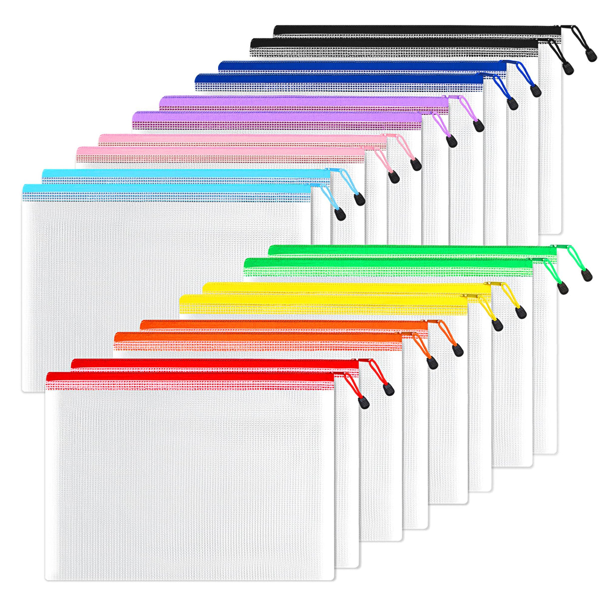 SUNEE Plastic Mesh Zipper Pouch 11x16 in (6 Colors, 18 Packs),Extra Large Water-Resistant Zip Bag for School Office Supplies, Puzzles & Games Organizing Storage SUNEE